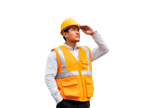 Construction worker with safety vest and helmet looking ahead for visionary project planning on transparent background, PNG