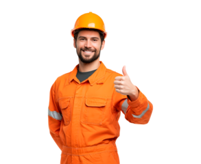 Smiling construction worker giving thumbs up in safety gear on transparent background, PNG