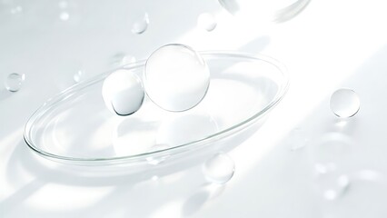 Modern pharmaceutical concept featuring glass spheres and scientific glassware on white surface