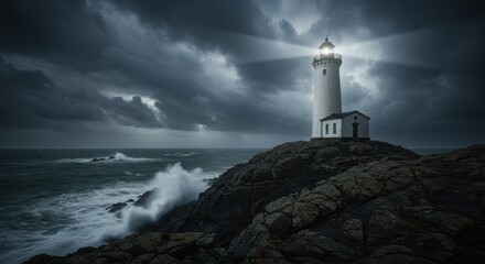 Naklejka premium Coastal Lighthouse Shines Brightly Amidst Stormy Night Scene View