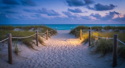 Serene Sandy Path Leading to the Tranquil Ocean Through Coastal Dunes at Twilight