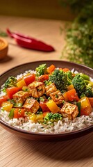 Colorful Rainbow Vegetable Stir-Fry with Tofu Cubes Served Over Jasmine Rice