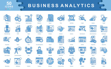 50 business analytics blue icons focused on strategy, data insight, forecasting, and performance tracking. Perfect for business intelligence, reporting, and data driven decision making.