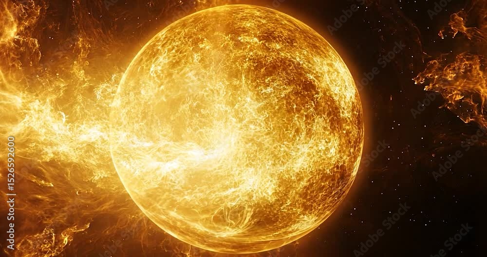 Poster flaming celestial orb in a dark space background with glittering particles and glowing golden light