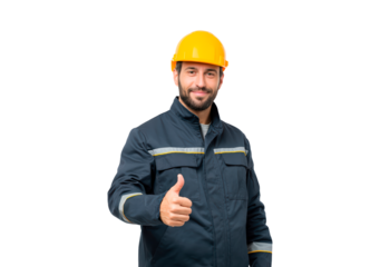Confident construction worker giving thumbs up wearing safety helmet and uniform on transparent background, PNG