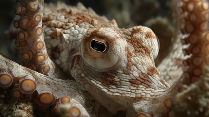 Octopus Camouflage: Close-up of a mimic octopus blending into coral, texture-rich skin detail. Intelligent, adaptive behavior focus.