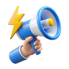 3d render cartoon hand holding blue megaphone with yellow lightning bolt isolated on transparent background