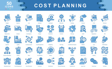 The blue Cost Planning icon set outlines essential financial concepts like budgeting, forecasting, and resource allocation ideal for project planning, cost control, and financial strategy.