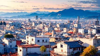 Golden Sunrise Over City Rooftops,Majestic Mountains In Distance,Tranquil Morning Atmosphere,Serene Urban View,Peaceful Cityscape