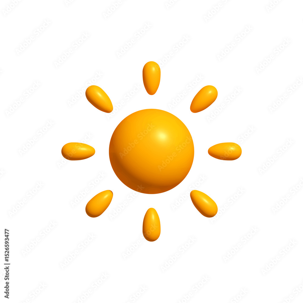 Poster glossy 3d sun icon with smooth orange rays on white background. ideal for summer themes, weather int