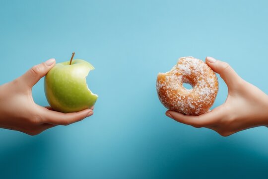 Side-by-side comparison of a bitten green apple and a bitten donut held by two hands against a clean blue background, symbolizing healthy eating versus indulgence and dietary choices
