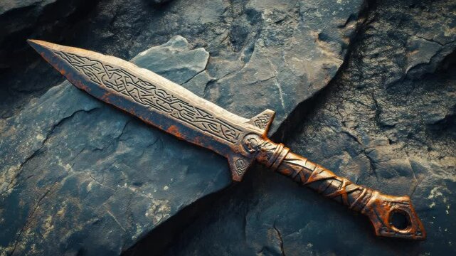 Ancient Norse dagger with Celtic knot carvings resting on rugged rock surface, detailed fantasy