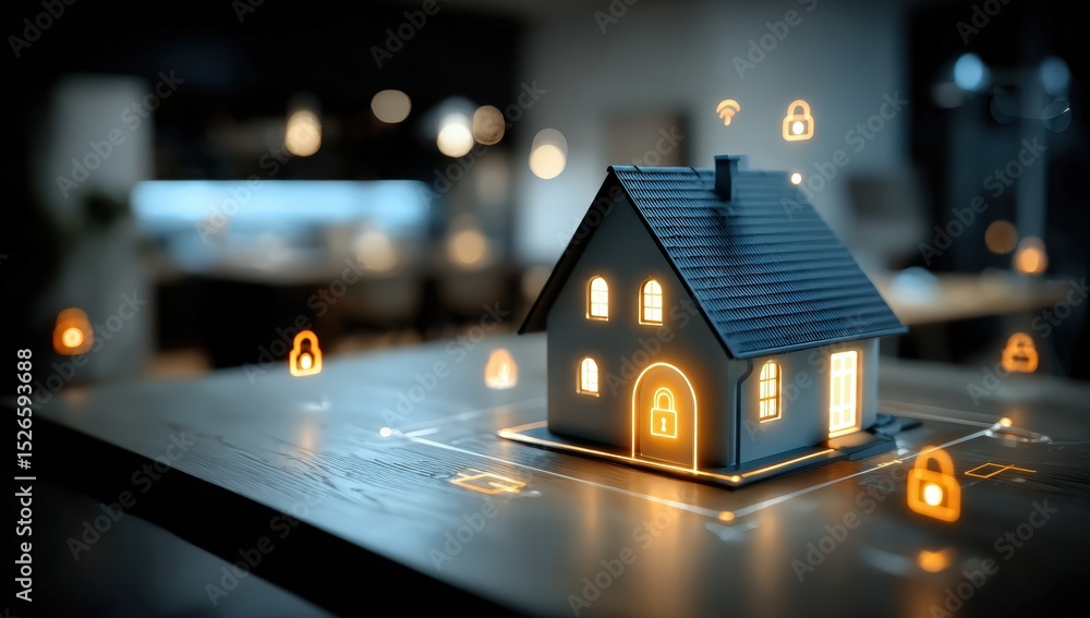 Poster a small illuminated model house on a table with glowing digital security icons representing smart ho