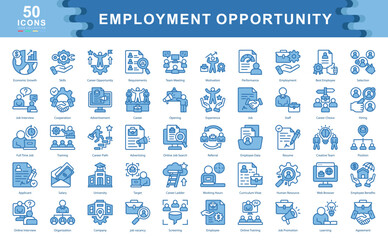 The Employment Opportunity icon set showcases key elements of modern recruitment such as resumes, interviews, and employee benefits ideal for HR, staffing agencies, and career development platforms.