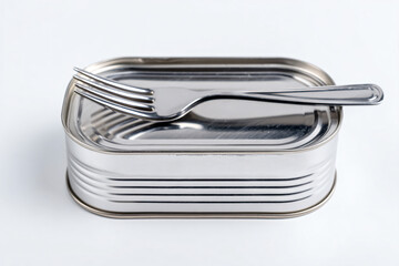 a fork and a can of food on a white surface