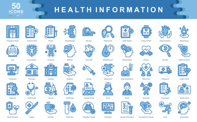 The Health Information blue icon set represents core aspects of medical records, diagnostics, and wellness monitoring, ideal for healthcare apps, insurance portals, and hospital systems.