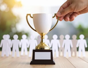 Hand Reaching for a Golden Trophy on a Table Surrounded by Paper Cutouts of People, Symbolizing Achievement, Recognition, and Team Success in a Bright Environment