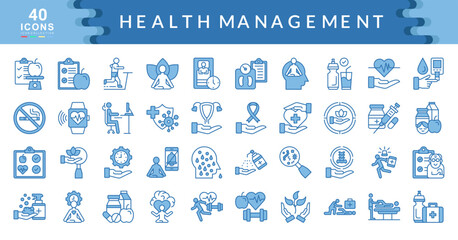 The Health Management blue icon set highlights proactive strategies in wellness, disease prevention, and recovery, ideal for medical apps, fitness programs, and public health campaigns.