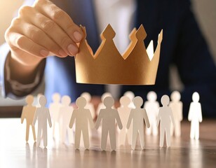 A Business Leader Placing a Golden Crown on a Cutout Figure Representing Success and Leadership in Team Building and Organizational Growth Concepts