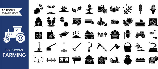 Farming icon set in solid style. Contain icons related to Farm, Farmer, Agricultural, Harvesting, fruit and vegetables, livestock and more. Vector illustration