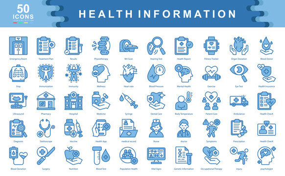 The Health Information blue icon set represents core aspects of medical records, diagnostics, and wellness monitoring, ideal for healthcare apps, insurance portals, and hospital systems.
