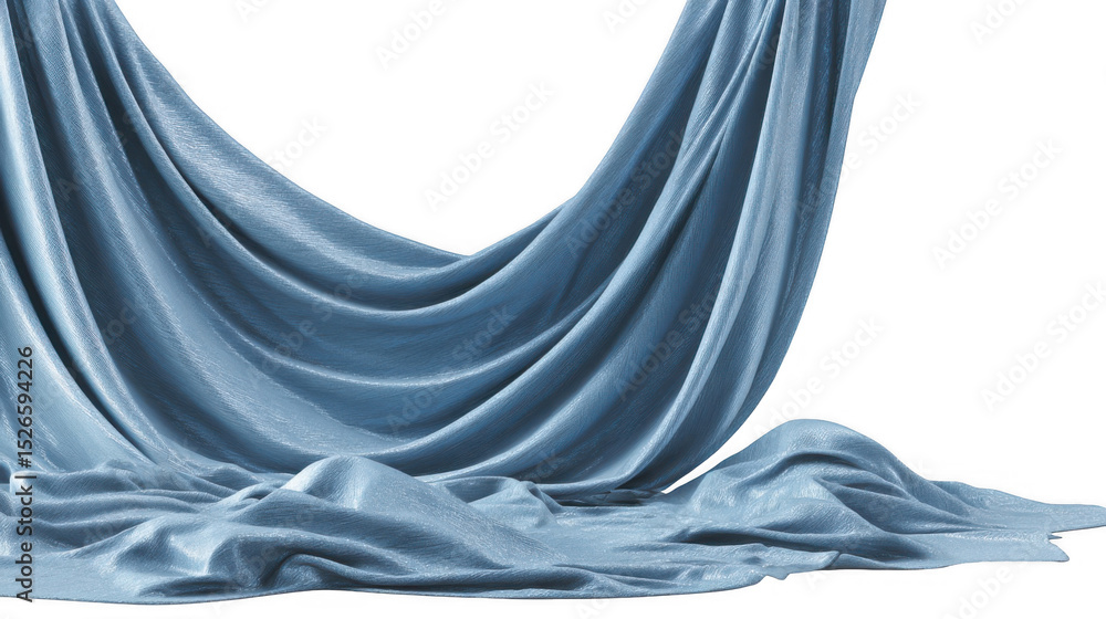 Poster soft blue fabric draping elegantly and flowing smoothly on a transparent background, adding a touch 