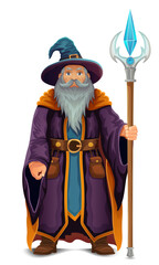 ancient fantasy magic sorcerer wizard witcher elderly man with beard in hat and cape cartoon vector illustration isolated on white background
