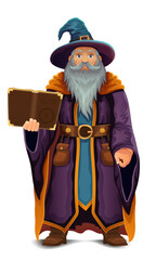 ancient fantasy magic sorcerer wizard witcher elderly man with beard in hat and cape cartoon vector illustration isolated on white background