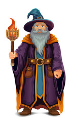 ancient fantasy magic sorcerer wizard witcher elderly man with beard in hat and cape cartoon vector illustration isolated on white background