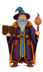 ancient fantasy magic sorcerer wizard witcher elderly man with beard in hat and cape cartoon vector illustration isolated on white background