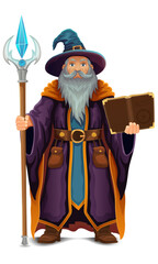 ancient fantasy magic sorcerer wizard witcher elderly man with beard in hat and cape cartoon vector illustration isolated on white background