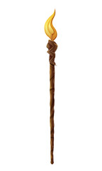 ancient fantasy staff of a sorcerer or witcher made of wood and magic stone cartoon vector illustration isolated on white background
