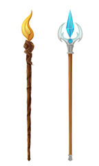 ancient fantasy staff of a sorcerer or witcher made of wood and magic stone cartoon vector illustration isolated on white background