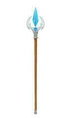 ancient fantasy staff of a sorcerer or witcher made of wood and magic stone cartoon vector illustration isolated on white background