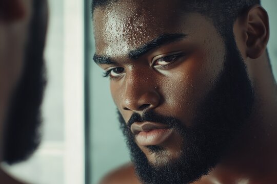 Adult Male Acne. African American Man Examining His Beard in Bathroom Mirror