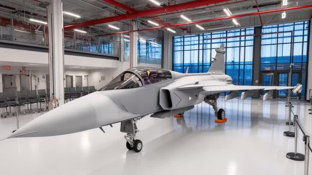 Modern Fighter Jet Displayed in Aerospace Facility with Bright Lighting and Sleek Design Features