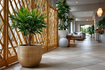 Obraz premium A stylish hallway featuring a variety of indoor plants, wooden lattice, and natural light, creating a welcoming atmosphere and a connection with nature and tranquility.