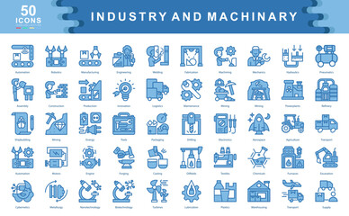 Industry and Machinery blue icon set illustrates key elements of industrial operations, manufacturing, and innovation. Perfect for logistics, engineering, automation, and mechanical system visuals.