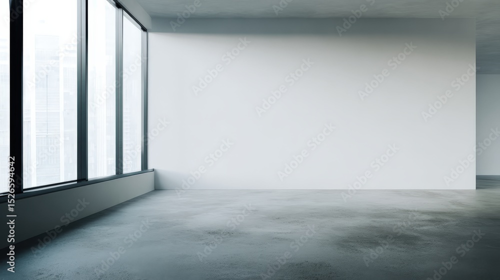 Poster an empty modern room with large floor-to-ceiling windows allowing natural light to illuminate the sm