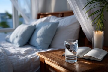 A serene bedroom featuring a glass of water and an open book on a wooden nightstand beside a welcoming bed with soft linens and decorative pillows, inviting relaxation.