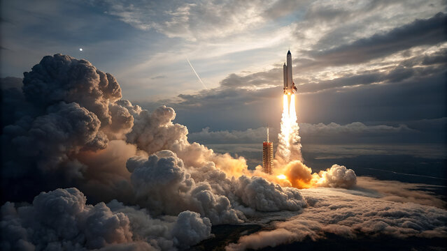 Une fus&eacute;e traversant la stratosph&egrave;re avec des nuages tourbillonnants en dessous.
