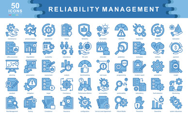 The Reliability Management blue icon set highlights key aspects of operational integrity, system performance, and risk mitigation ideal for industrial, tech, and engineering applications.