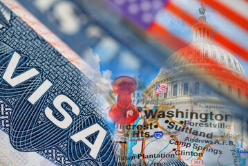 visa to the USA and a trip to Washington D.C., with the Capitol in the background. Marking Washington on the map of the USA.