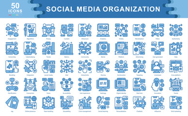 The Social Media Organization blue icon set represents key strategies, tools, and dynamics for digital influence, audience engagement, content management, and brand visibility in today's platforms.