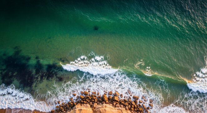 Aerial View of Crashing Ocean Waves on a Rocky Coastline with Clear Green Water