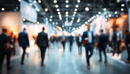 Blurred image of people walking inside a large, brightly lit indoor space, possibly a convention center or airport terminal.