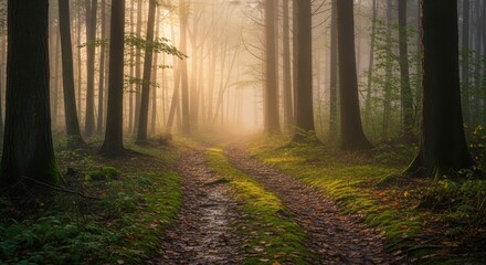Obraz premium Misty forest path illuminated by golden sunlight filtering through tall trees and fog.