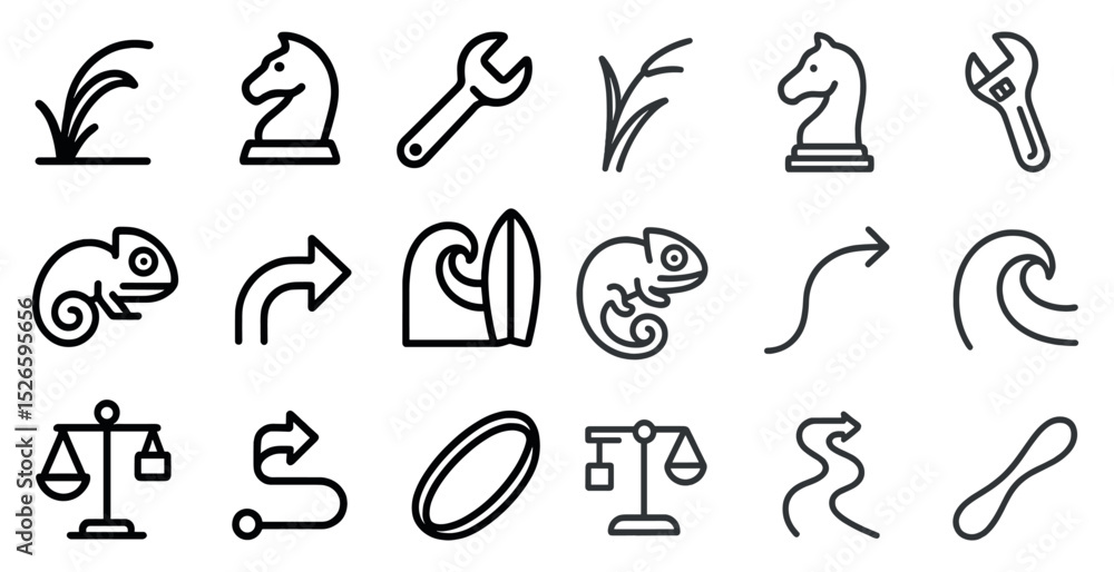 Poster set of simple line icons featuring chess, tools, and nature elements
