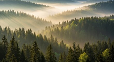 Golden sun rays illuminate a misty evergreen forest in a serene mountain landscape at dawn