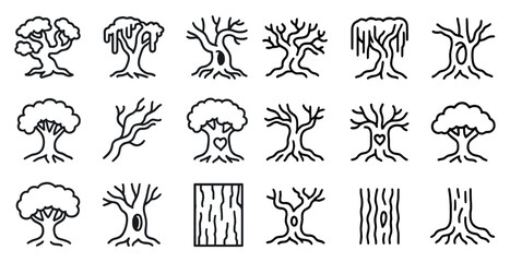 Collection of hand drawn tree and bark icons for nature designs